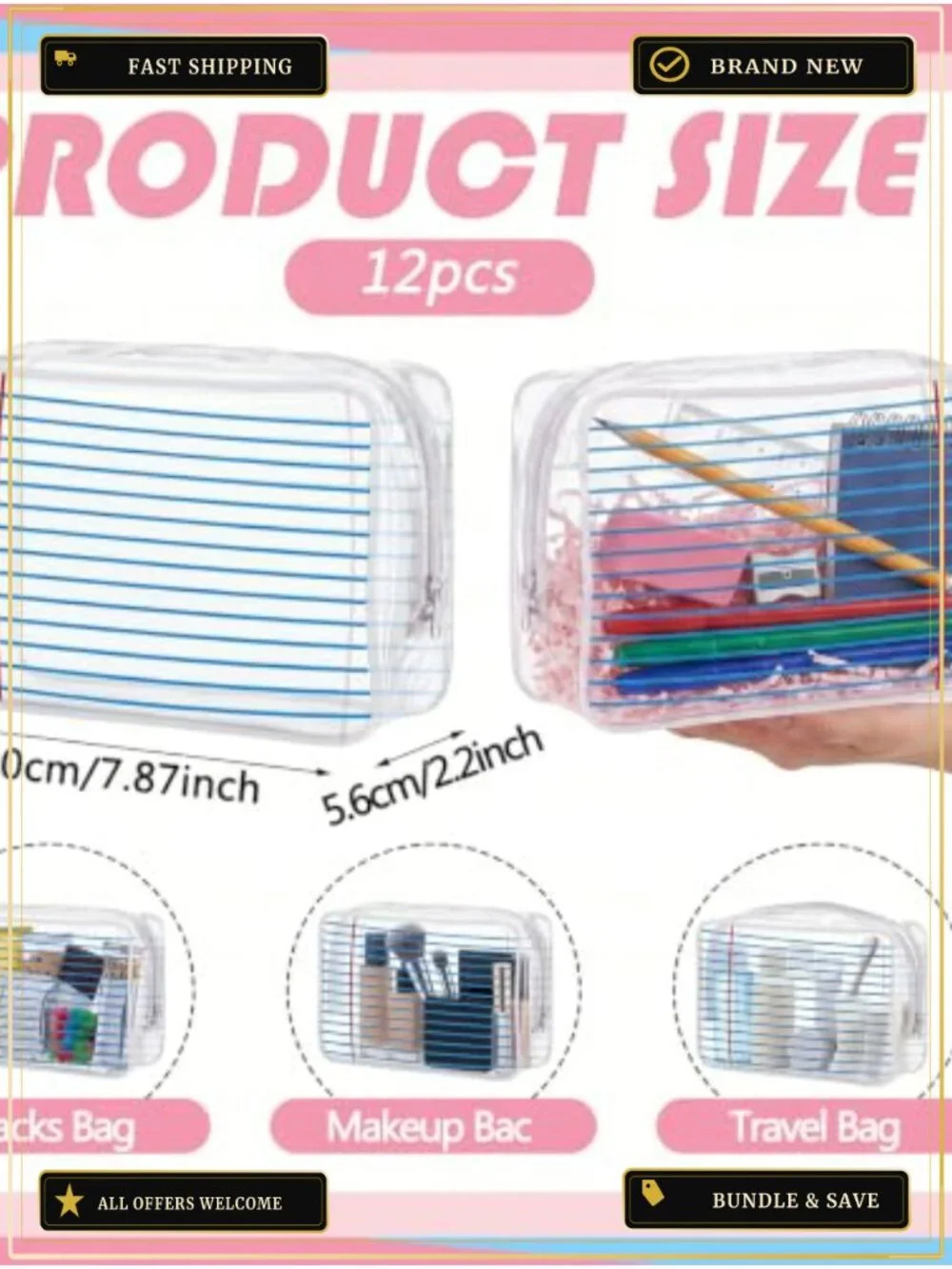 12 Clear PVC Waterproof Cosmetic Pouch Bags for Teachers, Bulk Back to School